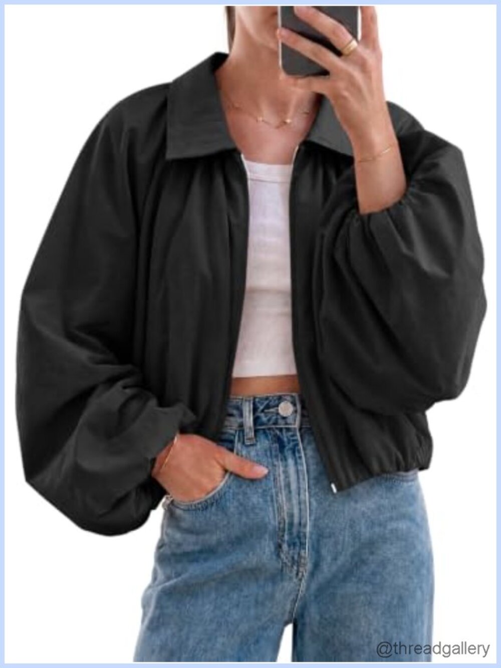 Tankaneo Womens Cropped Bomber Jacket Oversized Balloon Sleeve Zip Up